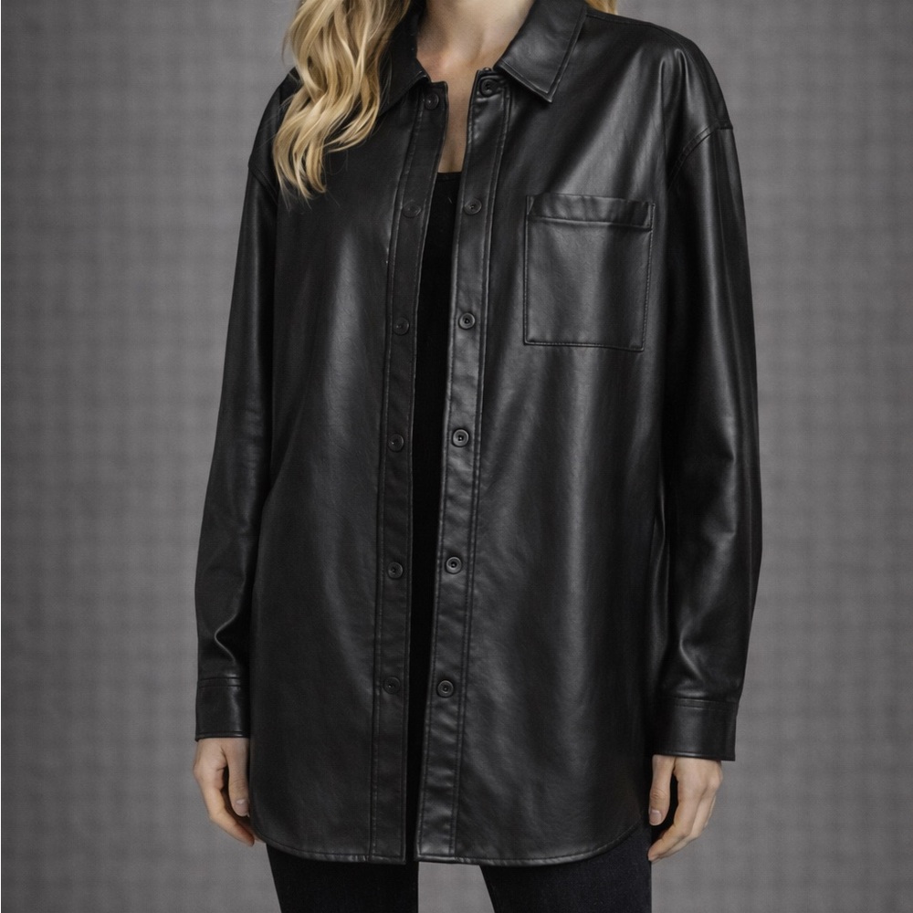 Oak + Fort Black Faux Leather Shirt Jacket